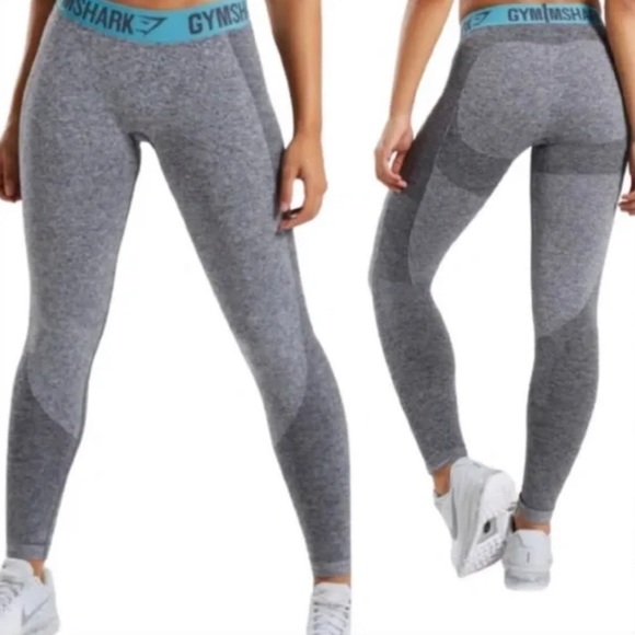 GYMSHARK workout leggings, light & dark grey with teal waist band. Size small - Picture 2 of 5